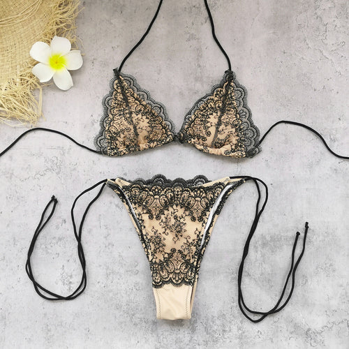 Backless halter one-piece swimwear, black lace triangle halter top with matching bottoms