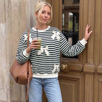 Casual Retro Striped Lace up round Neck Long Sleeve Sweater