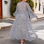 Women's chiffon maxi dress back view, geometric print, wide long sleeves, flowing hem