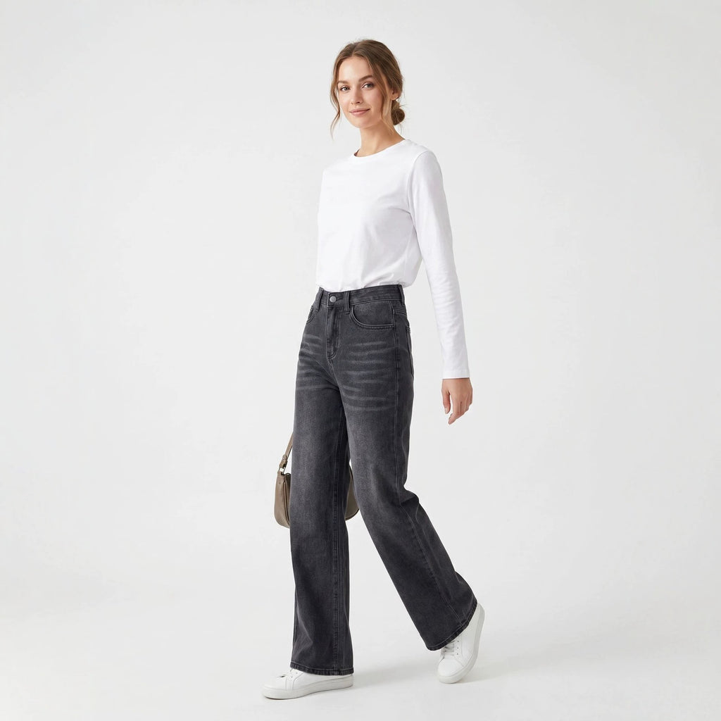HW Loose Straight Casual All Match Washed Women Jeans