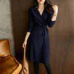 V neck Lace up Stomach Blanket Dress Women Autumn Winter Korean Loose Slim Socialite Knitted Dress