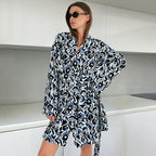 Printing Loose Lace up Long Sleeve Nightgown Bathrobe Casual Comfortable Ice Silk Home Wear