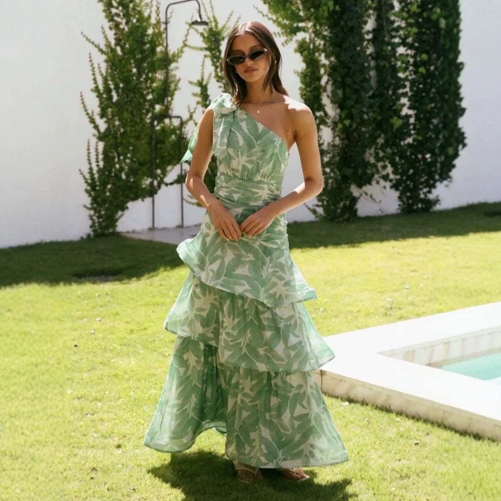 Tiered Multi Layer Printed Off Shoulder Maxi Dress