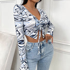 V-Neck Ruched Drawstring Crop Top