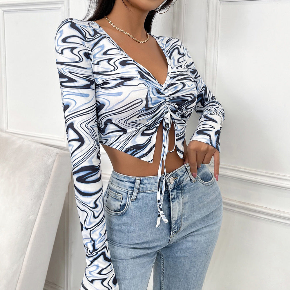 V-Neck Ruched Drawstring Crop Top