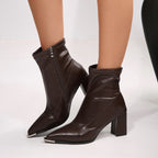 Pointed Toe Chunky Heel Short Leather Boots Women Side Zipper High Heel Slimming Knight Boots