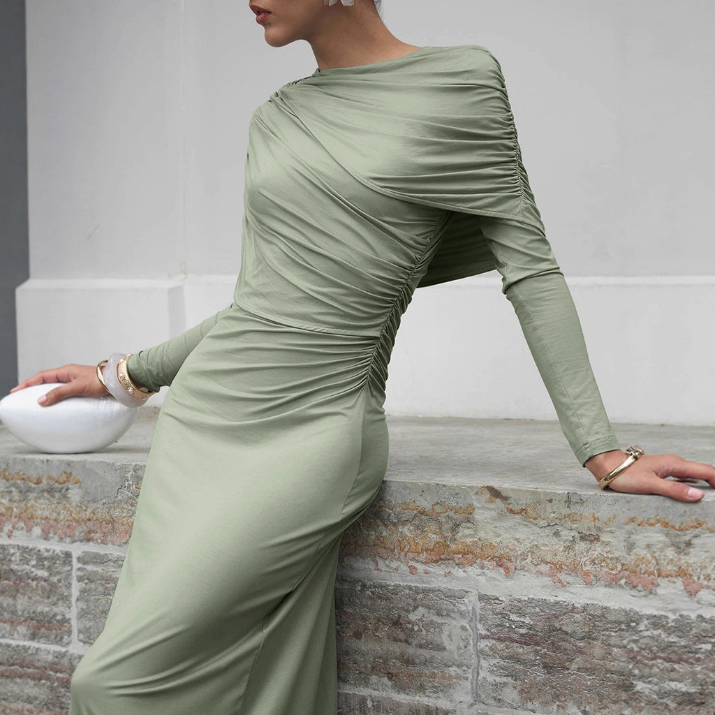 Crew-Neck Long-Sleeve Ruched Bodycon Maxi Dress