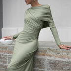 Crew-Neck Long-Sleeve Ruched Bodycon Maxi Dress