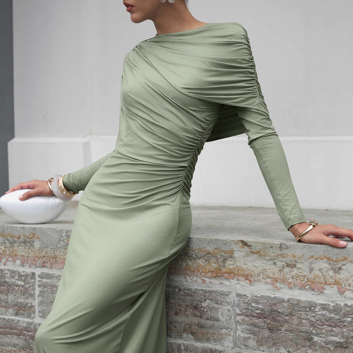 Crew-Neck Long-Sleeve Ruched Bodycon Maxi Dress