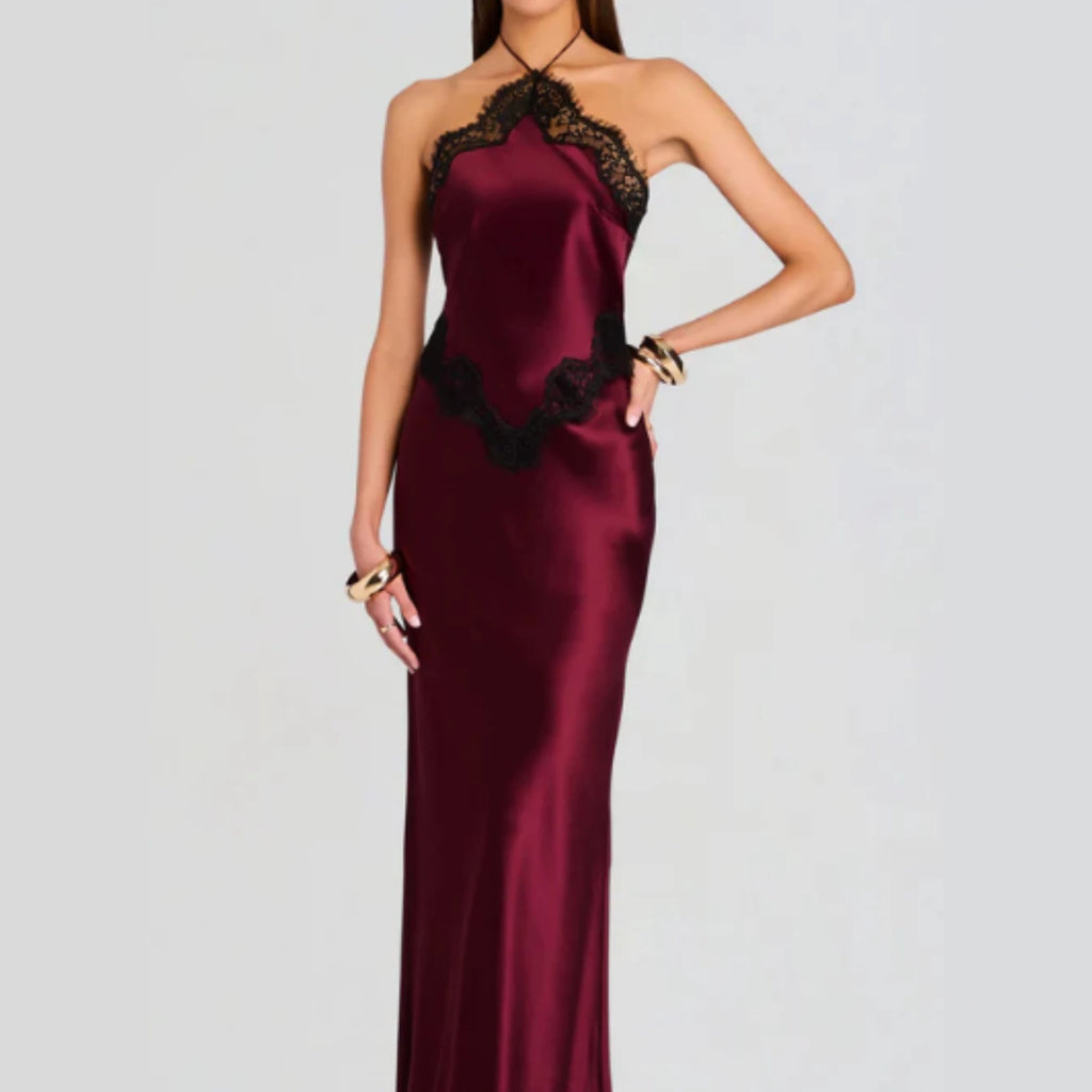 Women's Lace Patchwork Halter Slim-Fit Maxi Dress