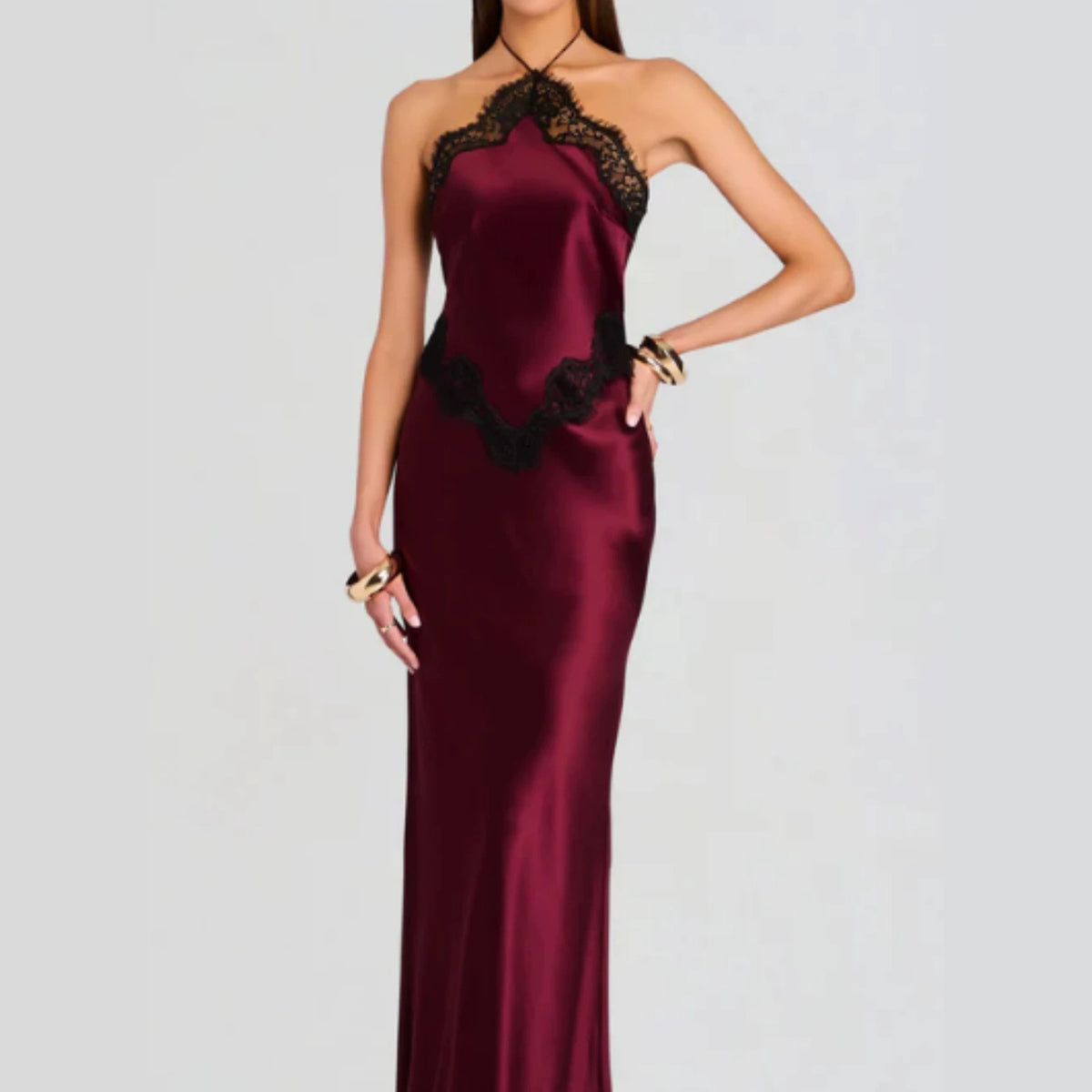 Women's Lace Patchwork Halter Slim-Fit Maxi Dress