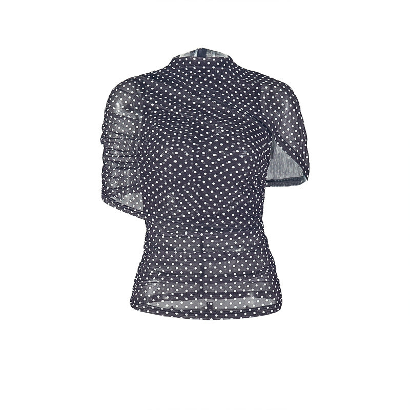 Colorblock Street Polka Dot T-Shirt Turtleneck Short Sleeve Waist