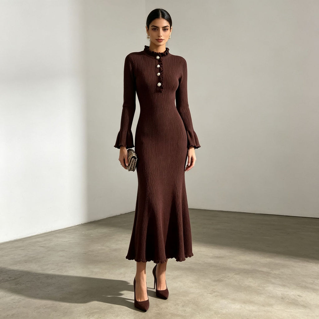 Literary Retro Dress Lace Collar Slim Slimming Flared Sleeves Knitted Fishtail Dress