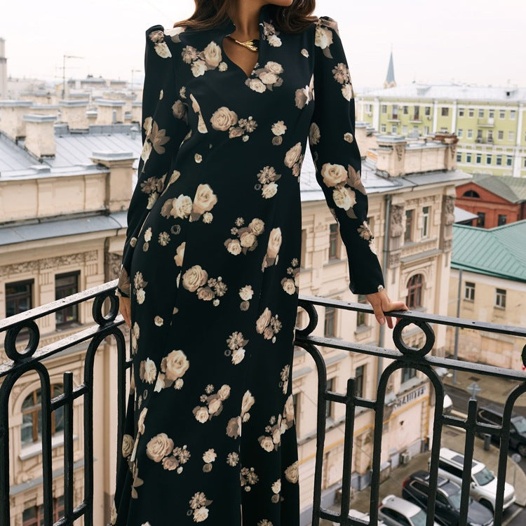 's Printed Stand Collar Long Sleeved Dress For Autumn Office High Waist Dress