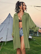 Cotton long one-piece swimwear in green, button-up collared long shirt dress