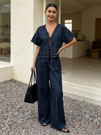 Dark Blue Top Dark Blue Wide Leg Pants Suit