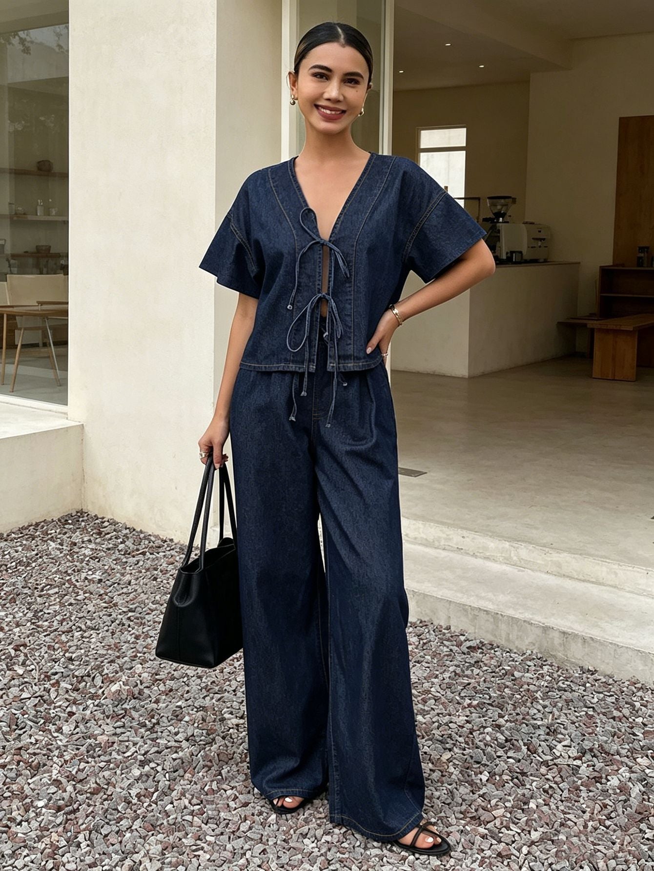 Dark Blue Top Dark Blue Wide Leg Pants Suit