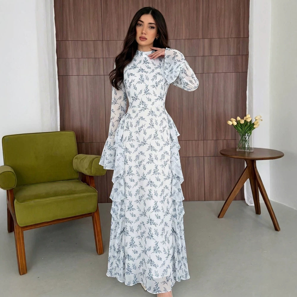 Women's Printed Lace-Up Waist Maxi Dress