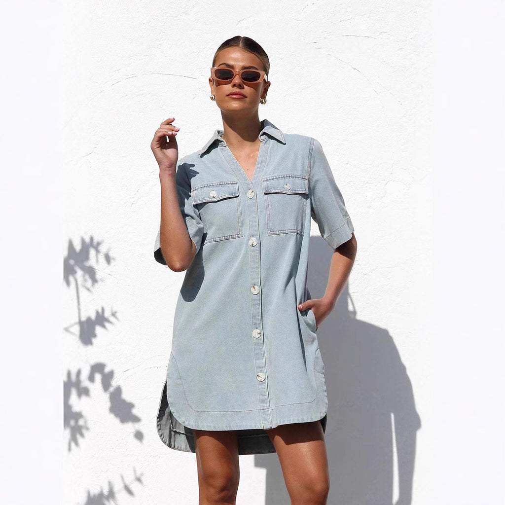 Women's Button-Front Denim Collared Mini Dress