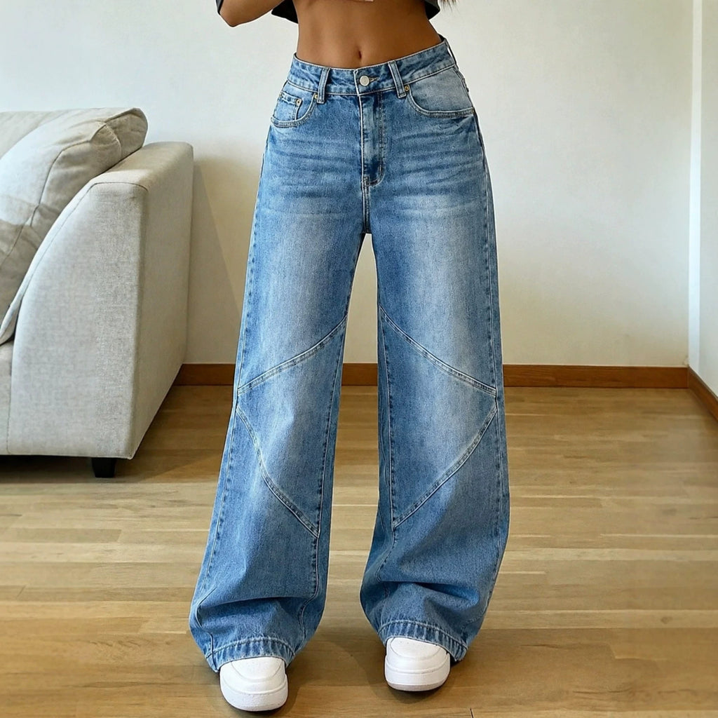 Geometric Wide-Leg Distressed Jeans