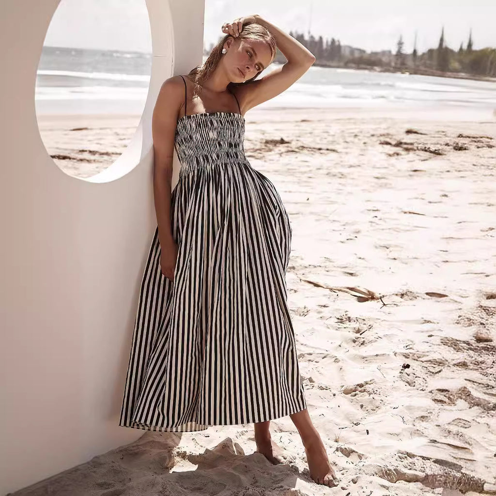 Women's Striped Printed Pocket Sling Dress