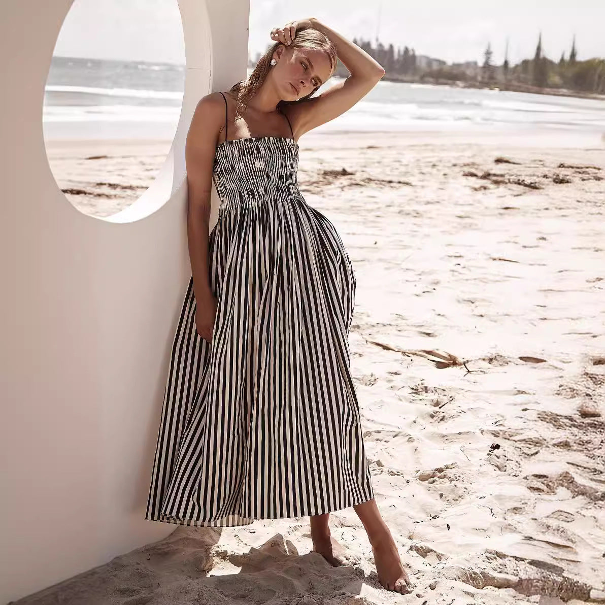 Women's Striped Printed Pocket Sling Dress