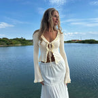 Women's Autumn Women Clothing Casual Wild Frill Lace Up Bell Sleeve Top For Women