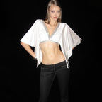 Street Slim Fit Sequined V Neck Patchwork Bell Sleeve Cropped Top