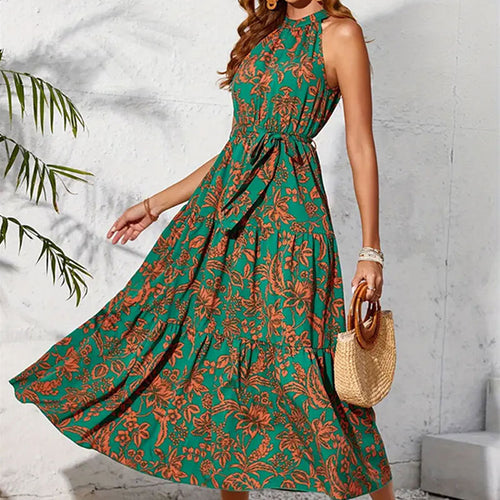 Vacation Halter Sleeveless Ethnic Print Maxi Dress Spring Summer Dress Spring Summer Women