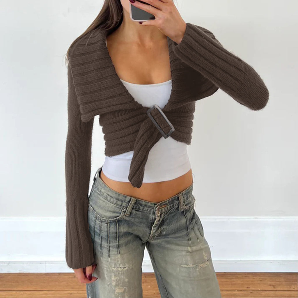 Cropped Cardigan with Metal Buckle
