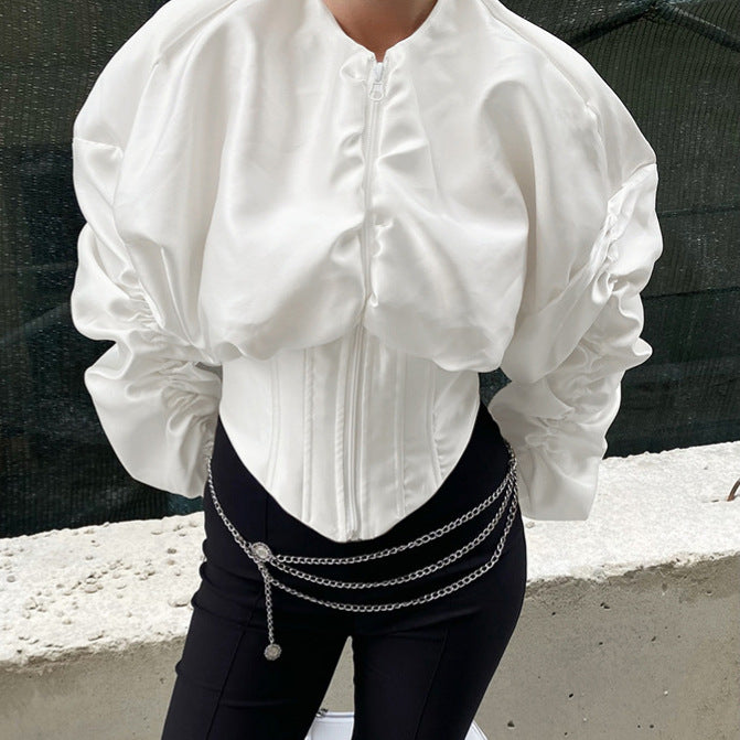 Women's Fitted Waist Pleated Round Neck Long Sleeve Shirt Cardigan