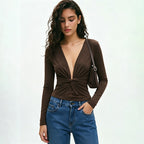 Women's Deep V-Neck Long Sleeve Top