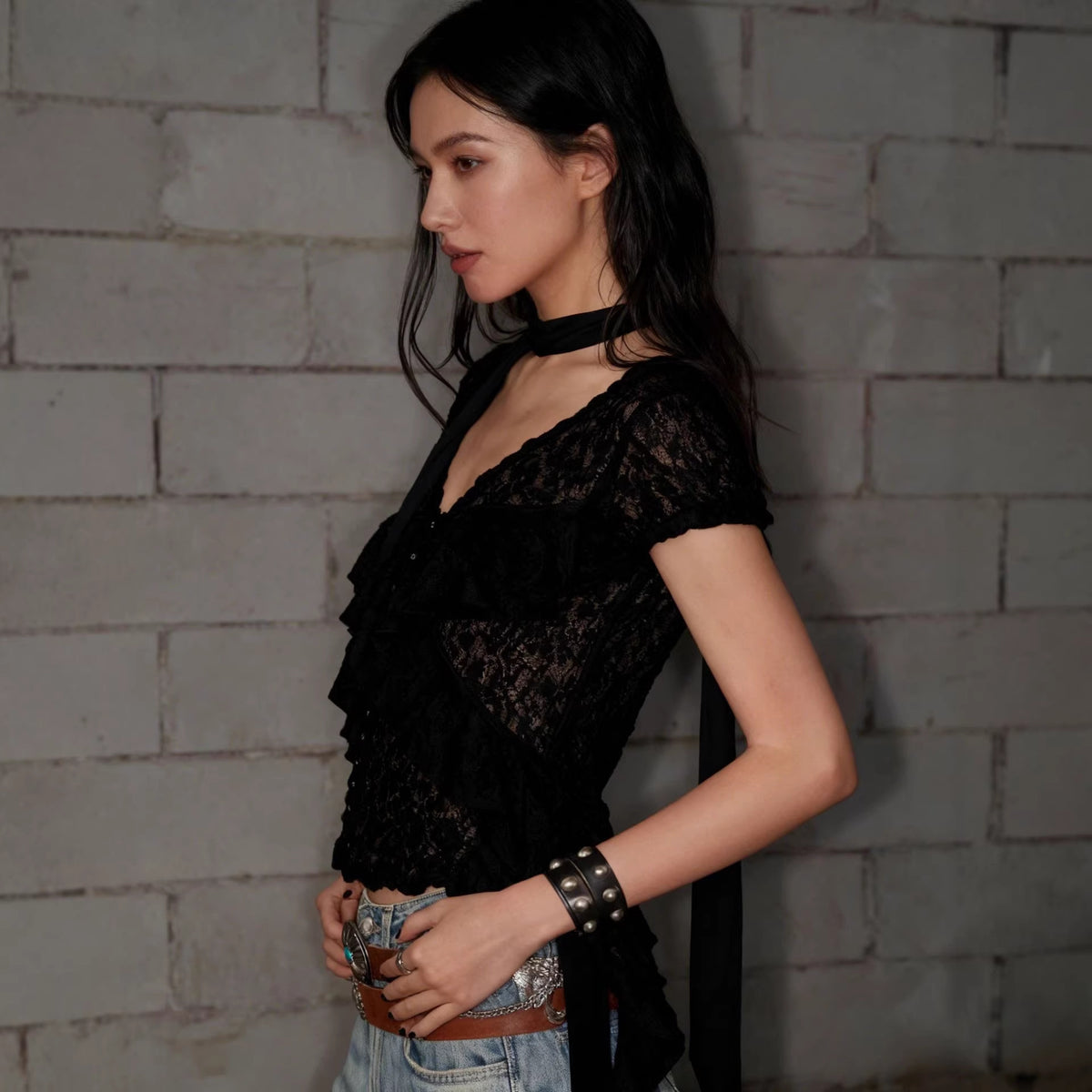 Women's Spring Summer Women Tops Retro V Neck Ribbon Lace Cardigan Short Sleeve