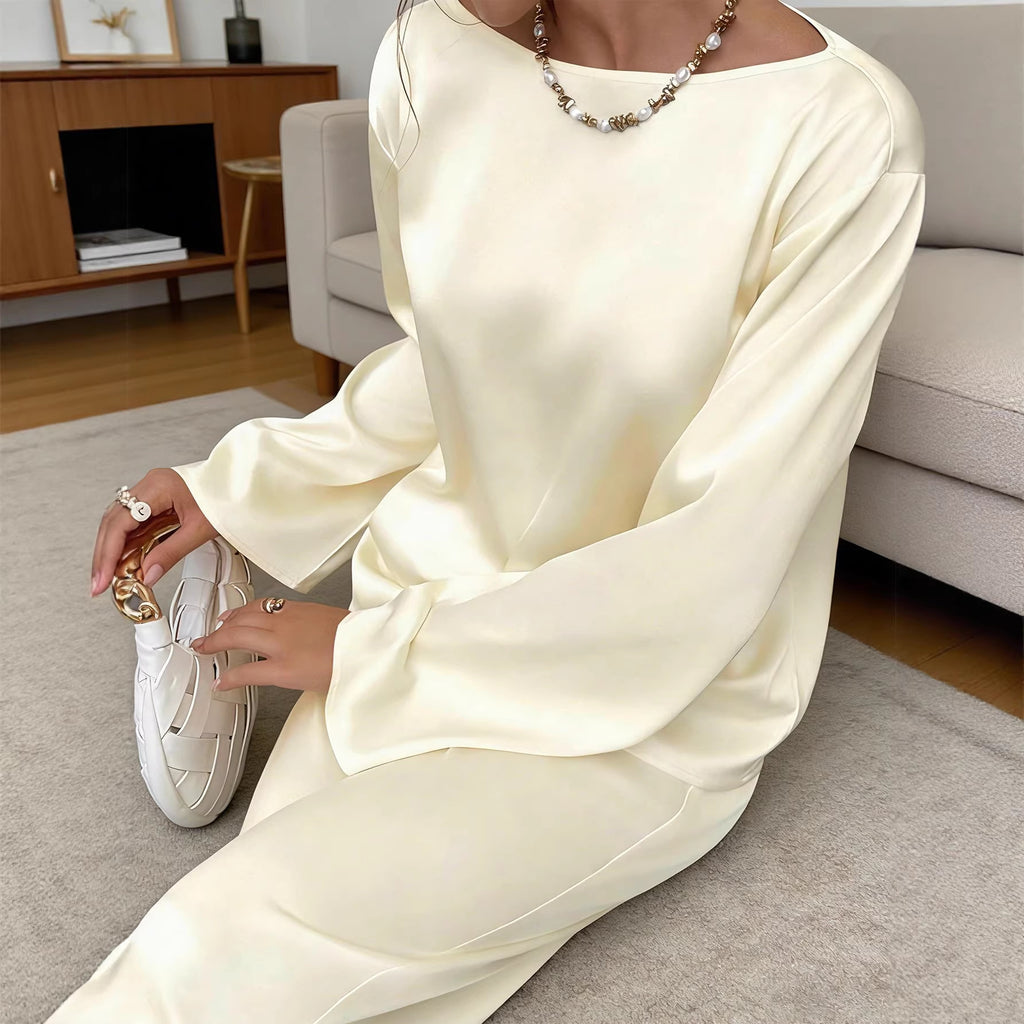 Women's Satin Two-Piece Top & Straight-Leg Pants Set
