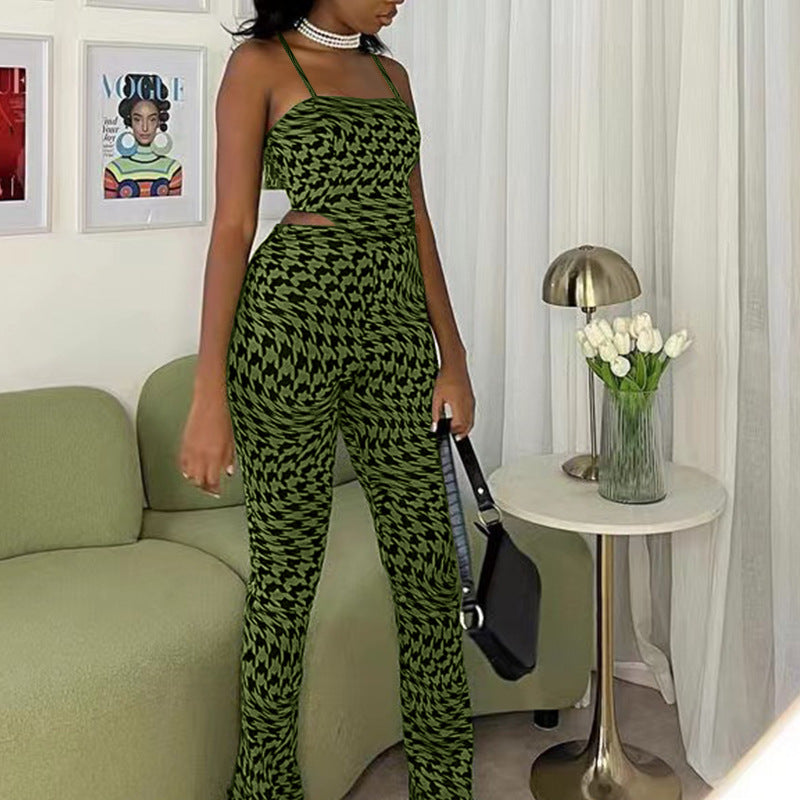 Suit Green Printing Vest Wide Leg Pants Casual Two-Piece Set
