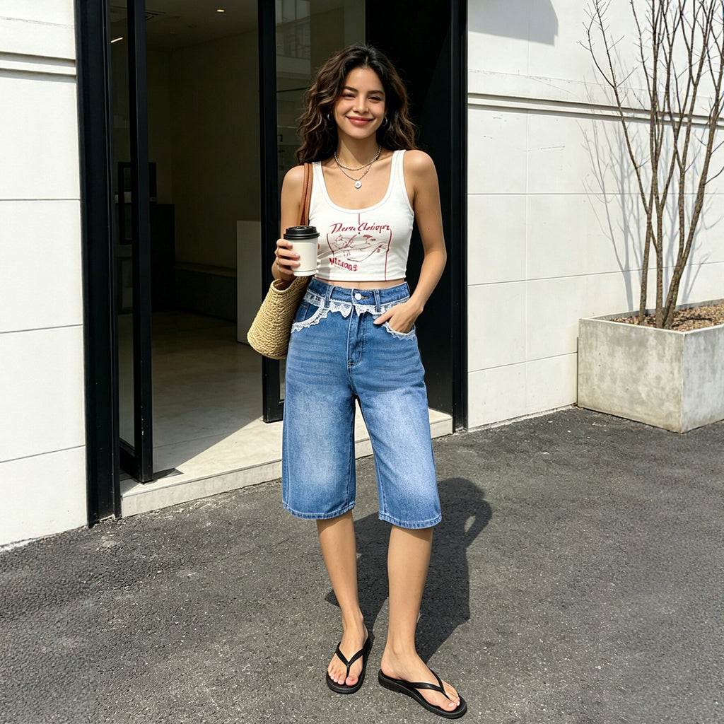 Lace Stitching Lace HW Denim Shorts Women Loose Straight