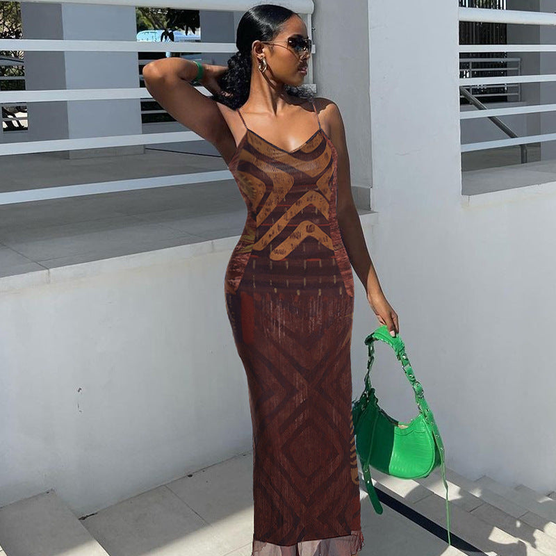 Women's Summer Printed Sexy V Neck Backless Slim Fit Sling Dress