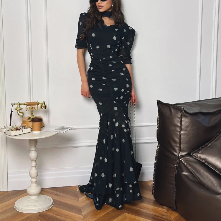 Women's Printed V-Neck Pleated High-Waist Maxi Dress