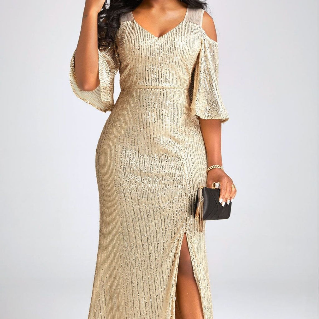 Women's Gold Sequin Off-Shoulder Fishtail Maxi Dress