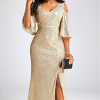 Women's Gold Sequin Off-Shoulder Fishtail Maxi Dress