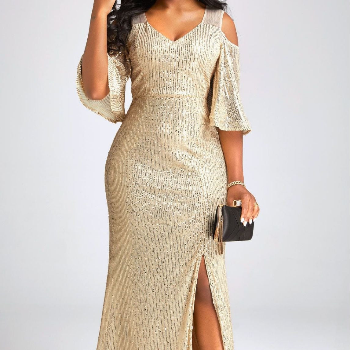 Women's Gold Sequin Off-Shoulder Fishtail Maxi Dress