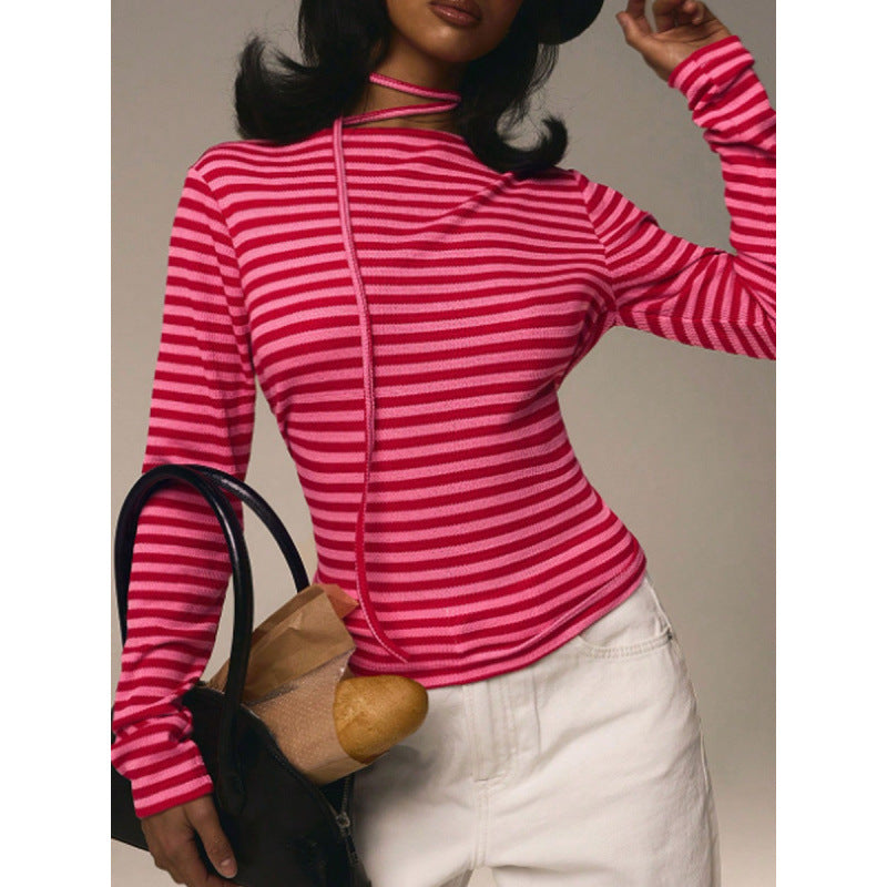 Women's Bonte Spring Summer Type Elegant Slim Striped Stretch Round Neck Long Sleeve Top Women
