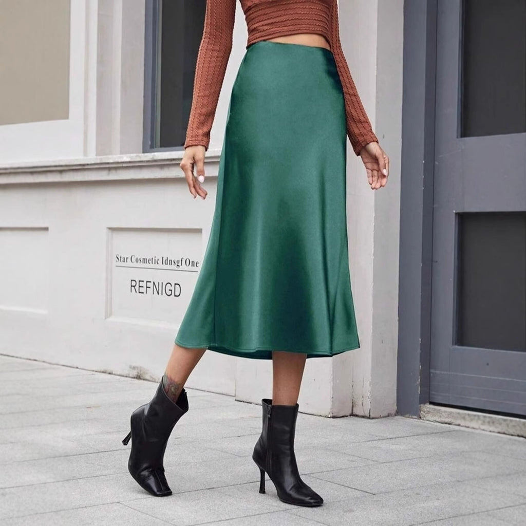 Women's High Waist Satin Midi Skirt