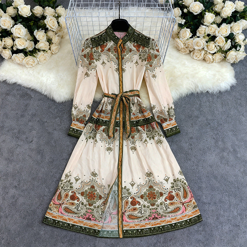 's High Waist Single Breasted Printed Wide Swing Maxi Dress