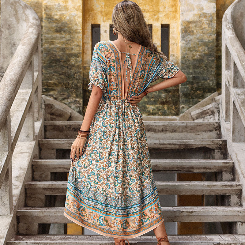 Women's Retro Printed Asymmetric Vacation Midi Dress