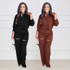 Long-Sleeve Cardigan Short Top Suit Holes High-Waisted Trousers Two-Piece Set