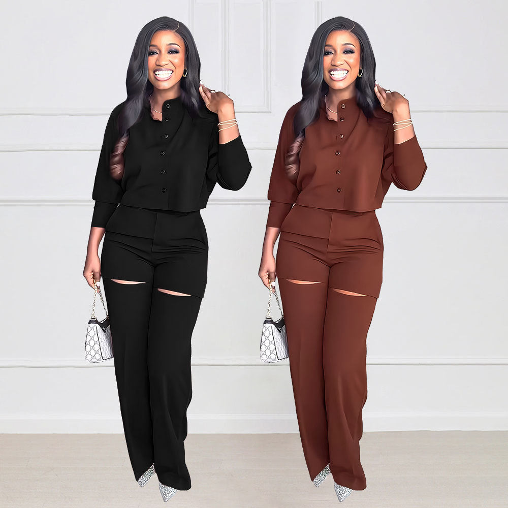 Long-Sleeve Cardigan Short Top Suit Holes High-Waisted Trousers Two-Piece Set