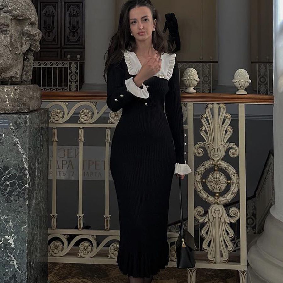 Peter-Pan-Collar Ruffle Button Long-Sleeve Knit Bodycon Maxi Dress