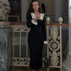 Peter-Pan-Collar Ruffle Button Long-Sleeve Knit Bodycon Maxi Dress