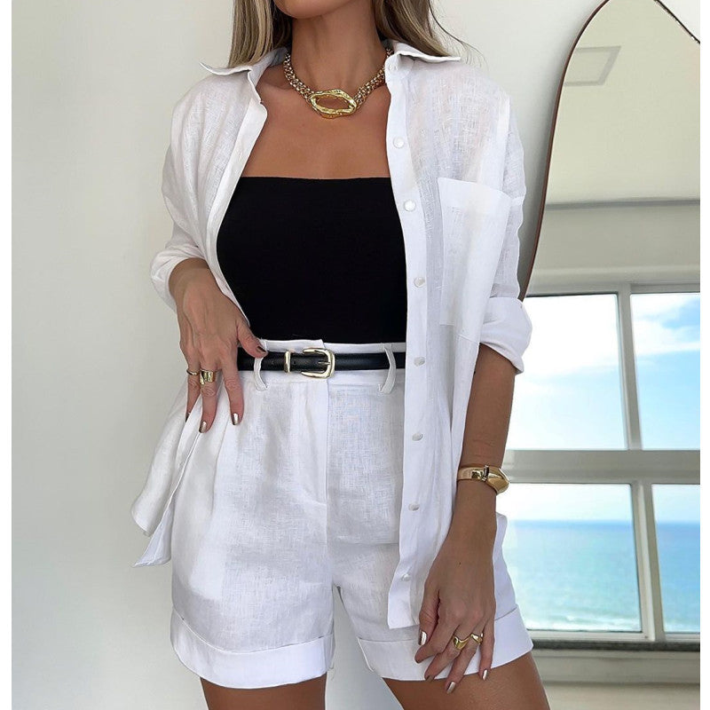 Women's Solid Color Casual Long Sleeve Shirt Belt Shorts Women's Set
